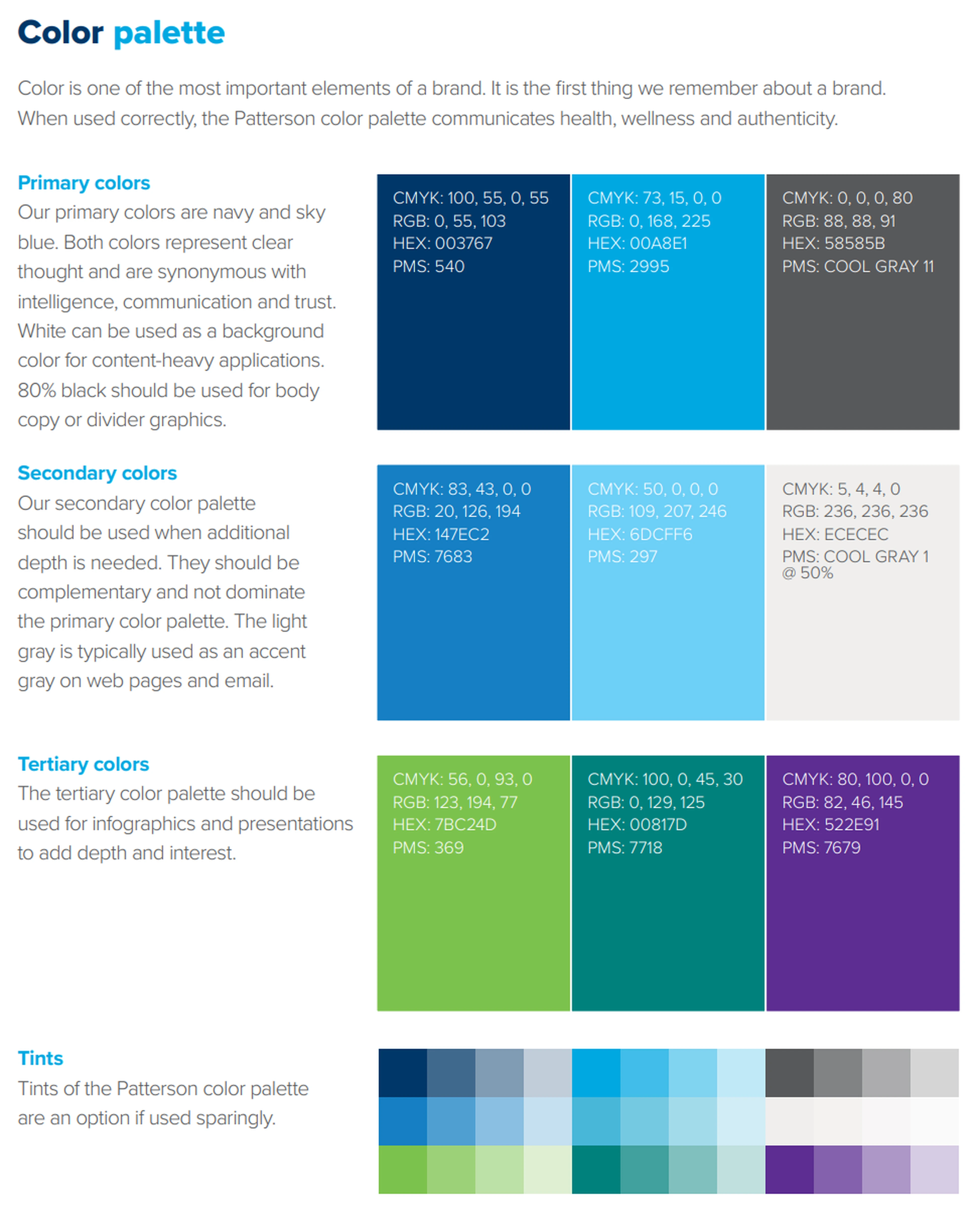 Patterson Companies brand guide color palette page