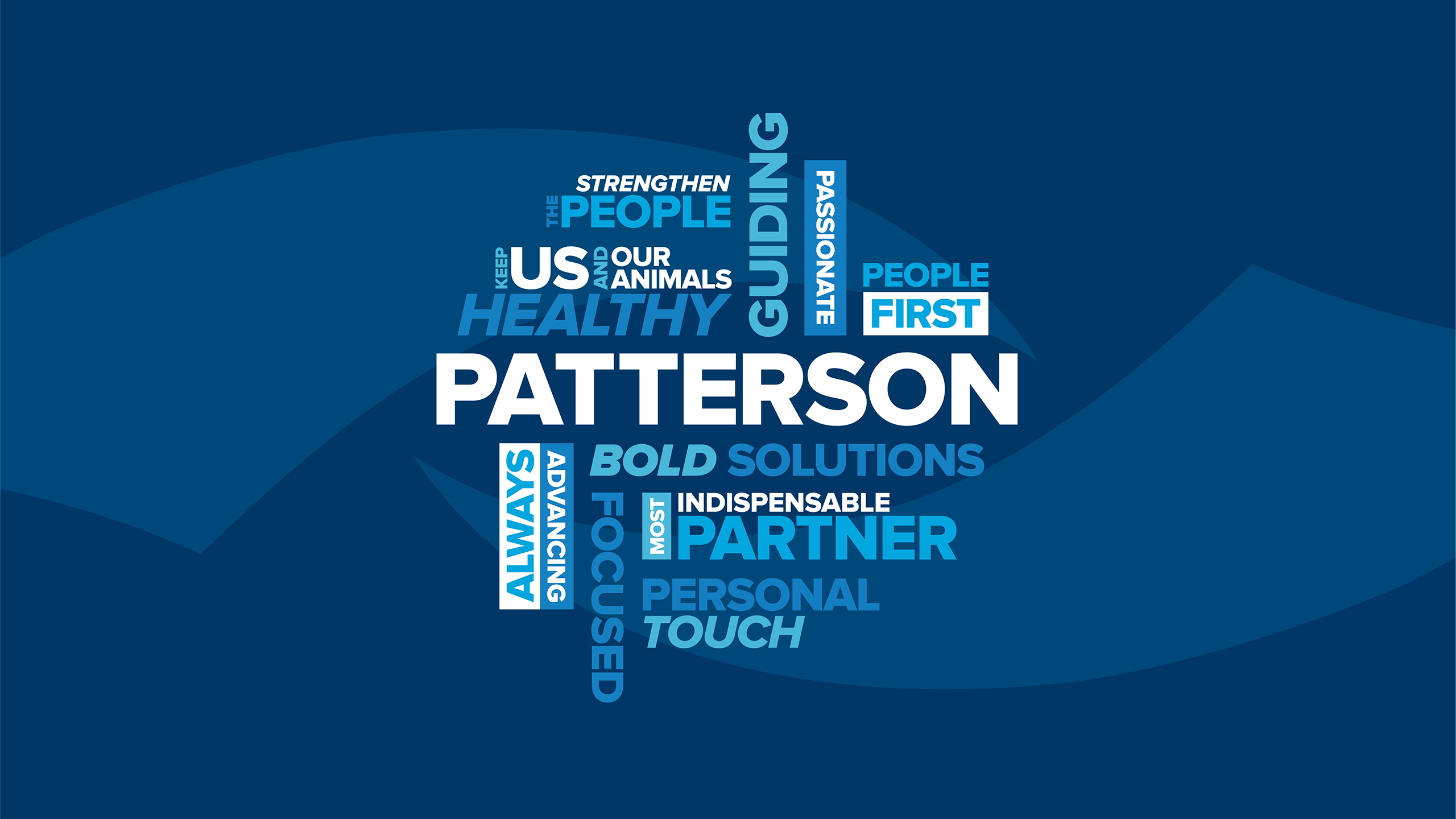 Patterson word cloud: strengthen the people, keep us and our animals healthy, guiding, passionate, people-first, bold solutions, always advancing, focused, most indispensable partner, personal touch
